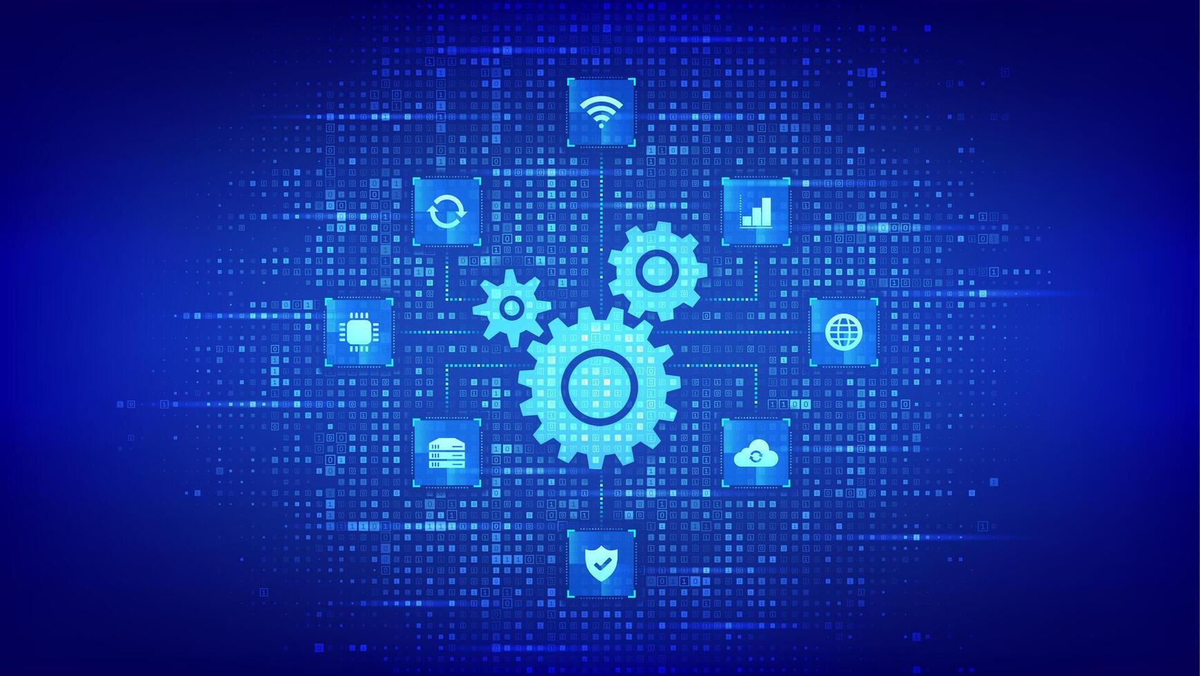 automatisation logiciel. engrenages icône fabriqué avec binaire code. iot et automatisation Icônes Connexions. numérique binaire Les données et diffusion numérique code. matrice Contexte avec chiffres 1.0. vecteur illustration.