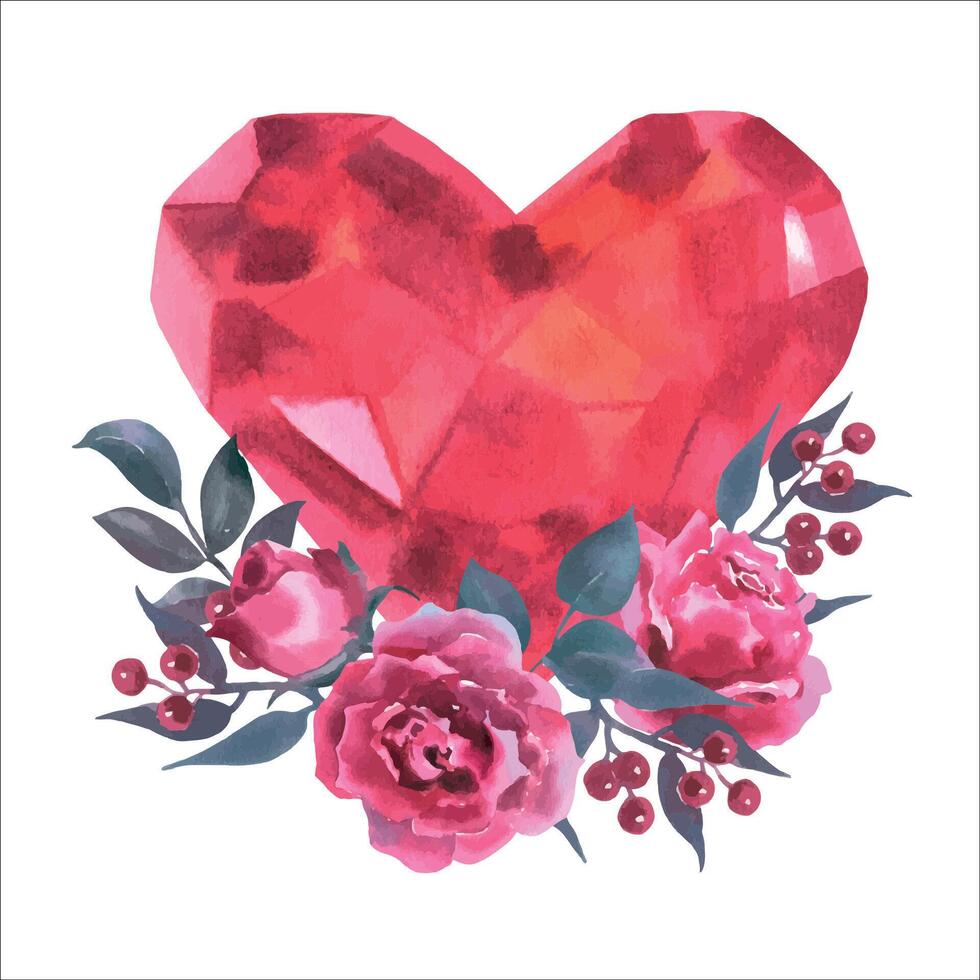 aquarelle illustration main tiré diamant cristal forme rouge cœur avec fleurs vecteur