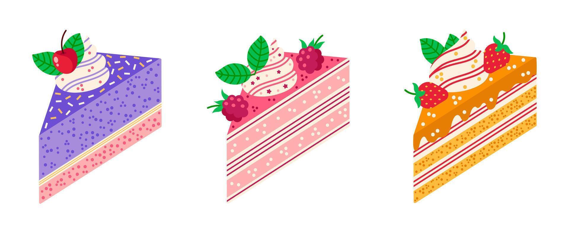 pièce de gâteau vecteur icône ensemble. savoureux desserts avec biscuit, crème, menthe feuilles, arrose. été cuisson tranche avec framboise, cerise, fraise. sucré anniversaire fête Pâtisserie. plat dessin animé clipart