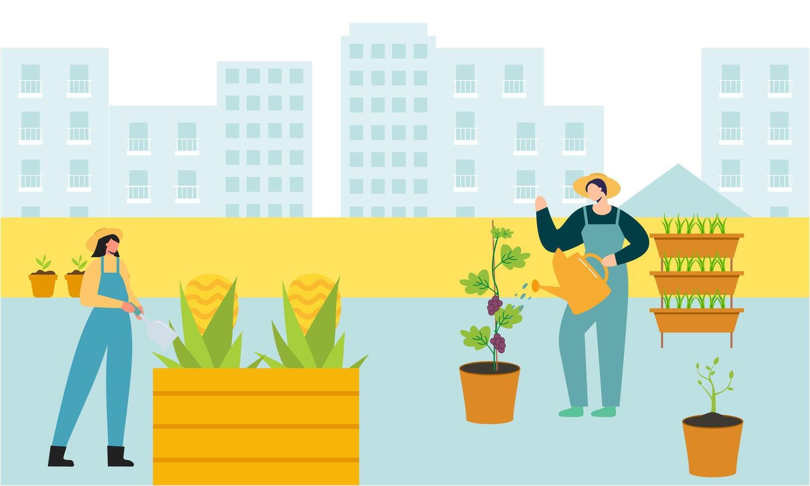 gens jardinier agriculteur ensemble arrangement vert toit illustration vecteur