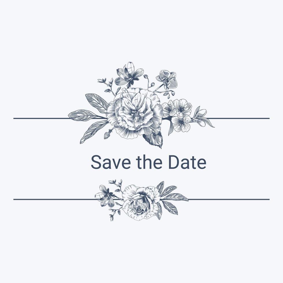 botanique bleu mariage Cadre ou couronne sur blanc Contexte. main tiré floral, fleur, feuille branche dans toile de jouy style. ligne art pour mariage, monogramme, invitation, salutation, logo, anniversaire cartes vecteur