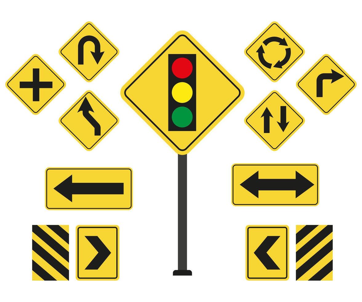 circulation lumière et route panneaux pour des gamins sécurité. mise en garde et avertissement signaux, dessin animé panneaux, vecteur illustration