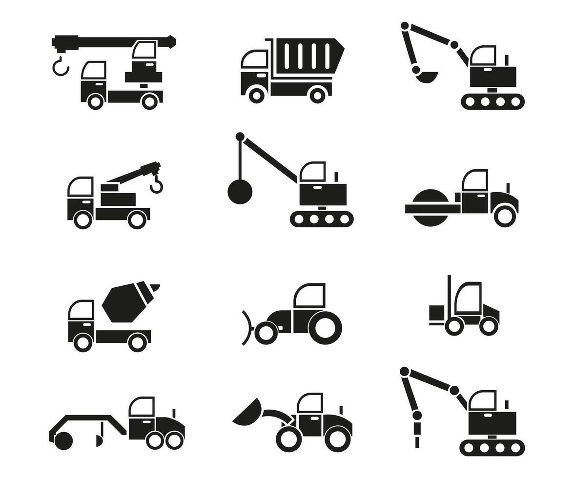 construction machinerie Icônes, bâtiment camions, chariots élévateurs, grues, excavatrices, tracteurs, bulldozers, camions, spécial équipement, route réparation vecteur illustration