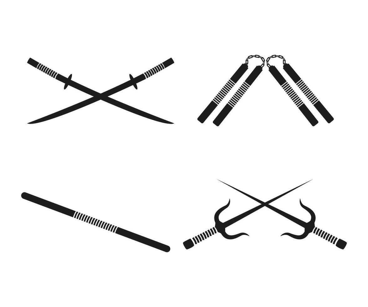 ninja armes, équipement lutte, nunchaku, épée, bâton, katana, icône ensemble vecteur illustration