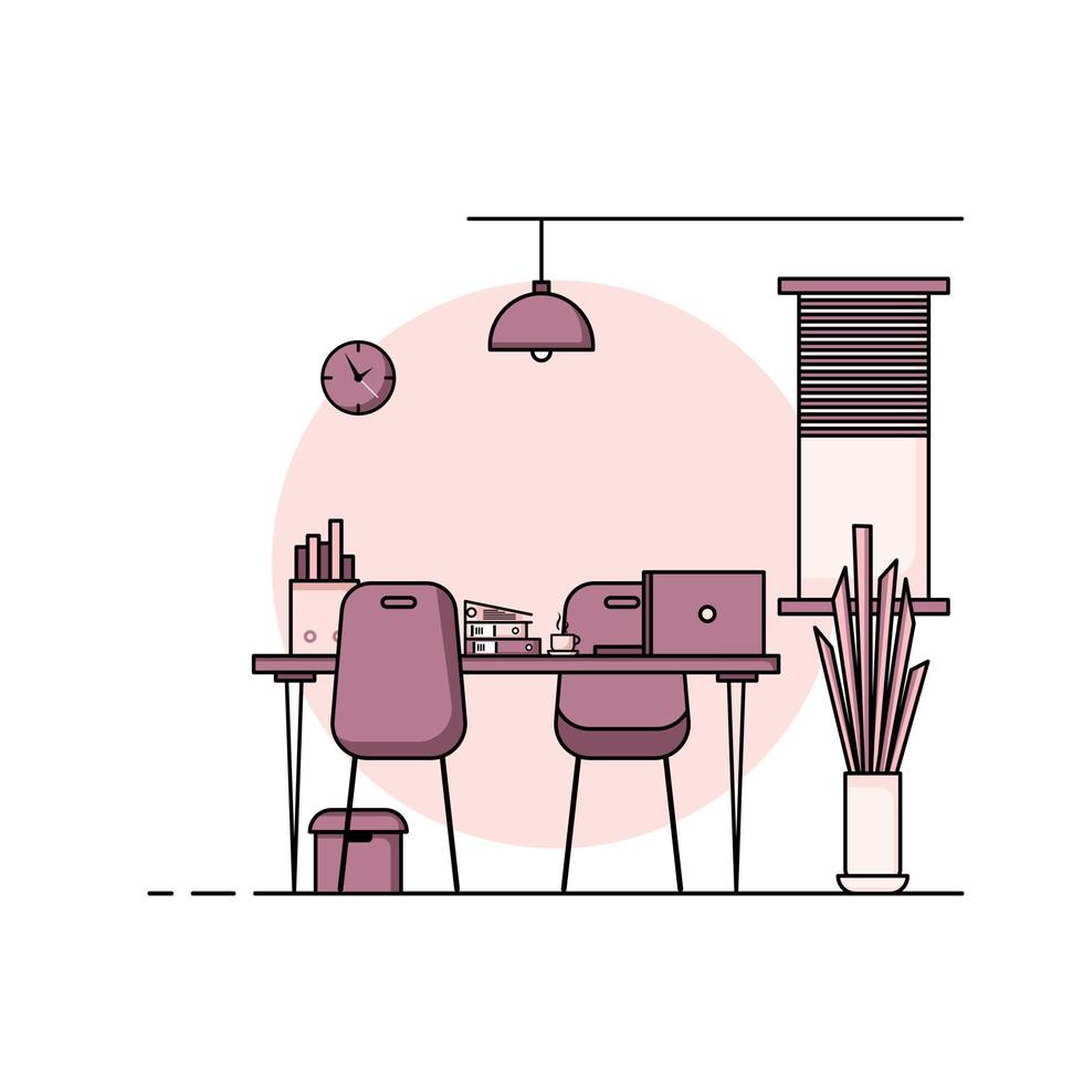 table de travail design plat, concept d'intérieur de bureau de travail avec mobilier. salle de travail avec ordinateur, bureau, table, chaise, livre et équipement fixe. travailler à partir d'une illustration de dessin animé à la maison. vecteur