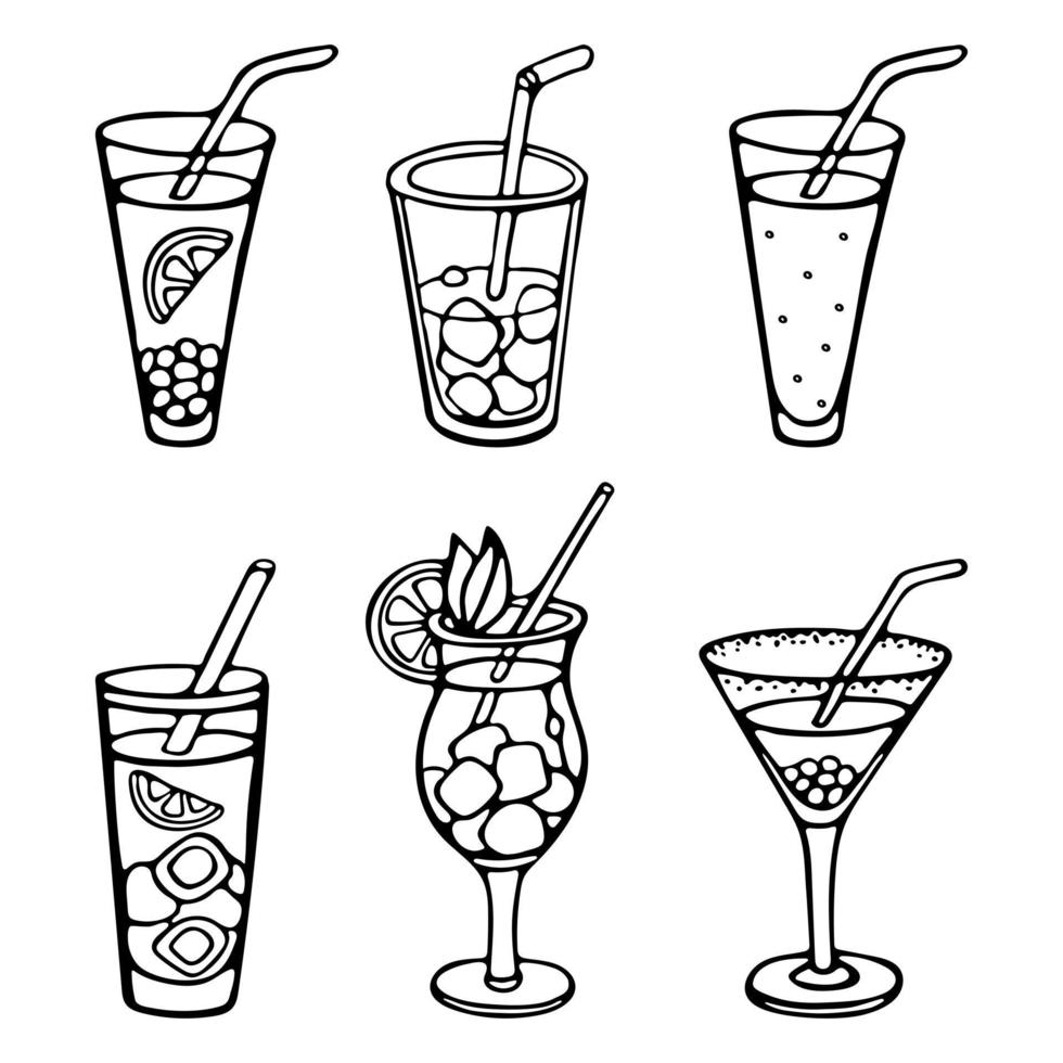 ensemble de cocktails tropicaux de vecteur. croquis de collection de cocktails dessinés à la main. illustration de contour doodle divers verres à cocktail isolés vecteur