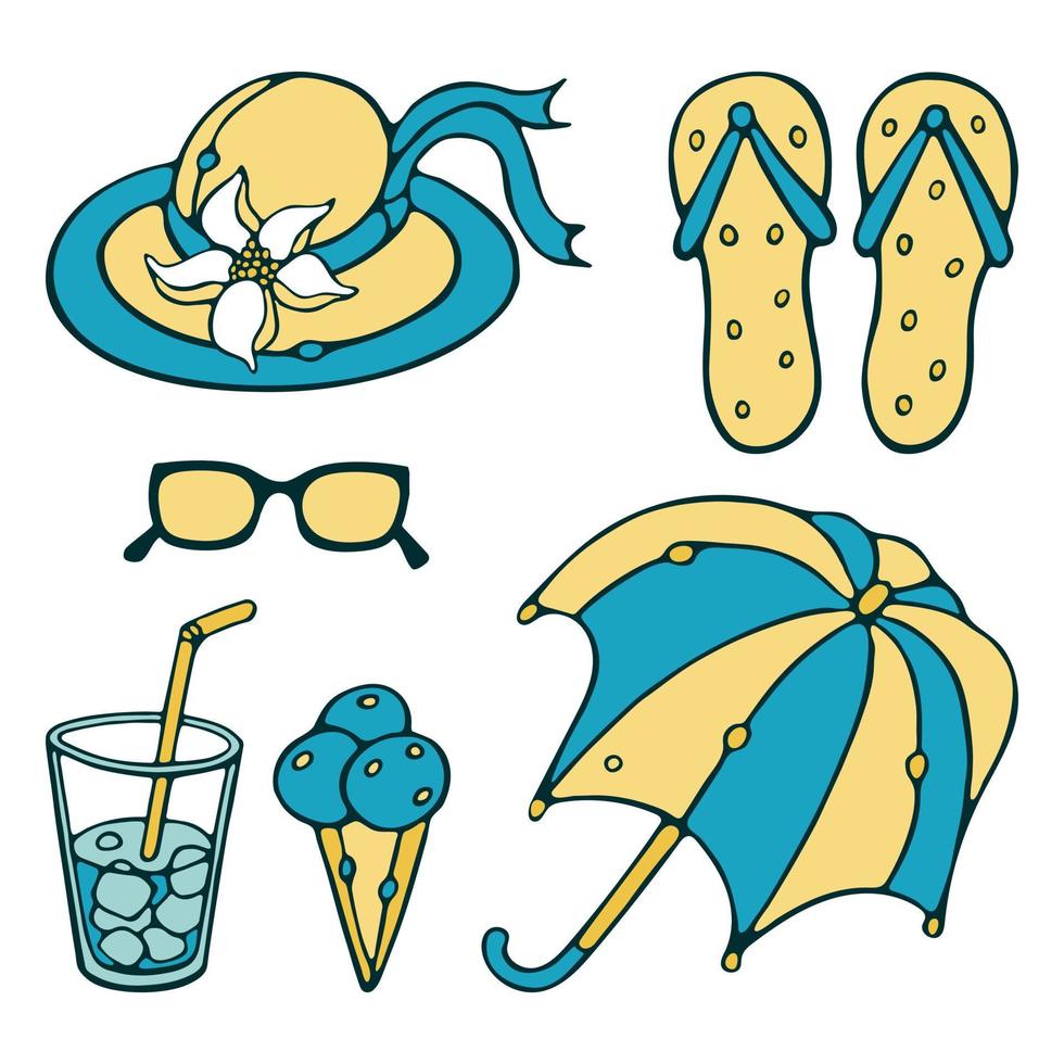 bonjour collection de vecteurs d'été. accessoires d'été de contour de dessin animé doodle. parapluie, chapeau, lunettes de soleil, cocktails, glaces, fleur. vecteur