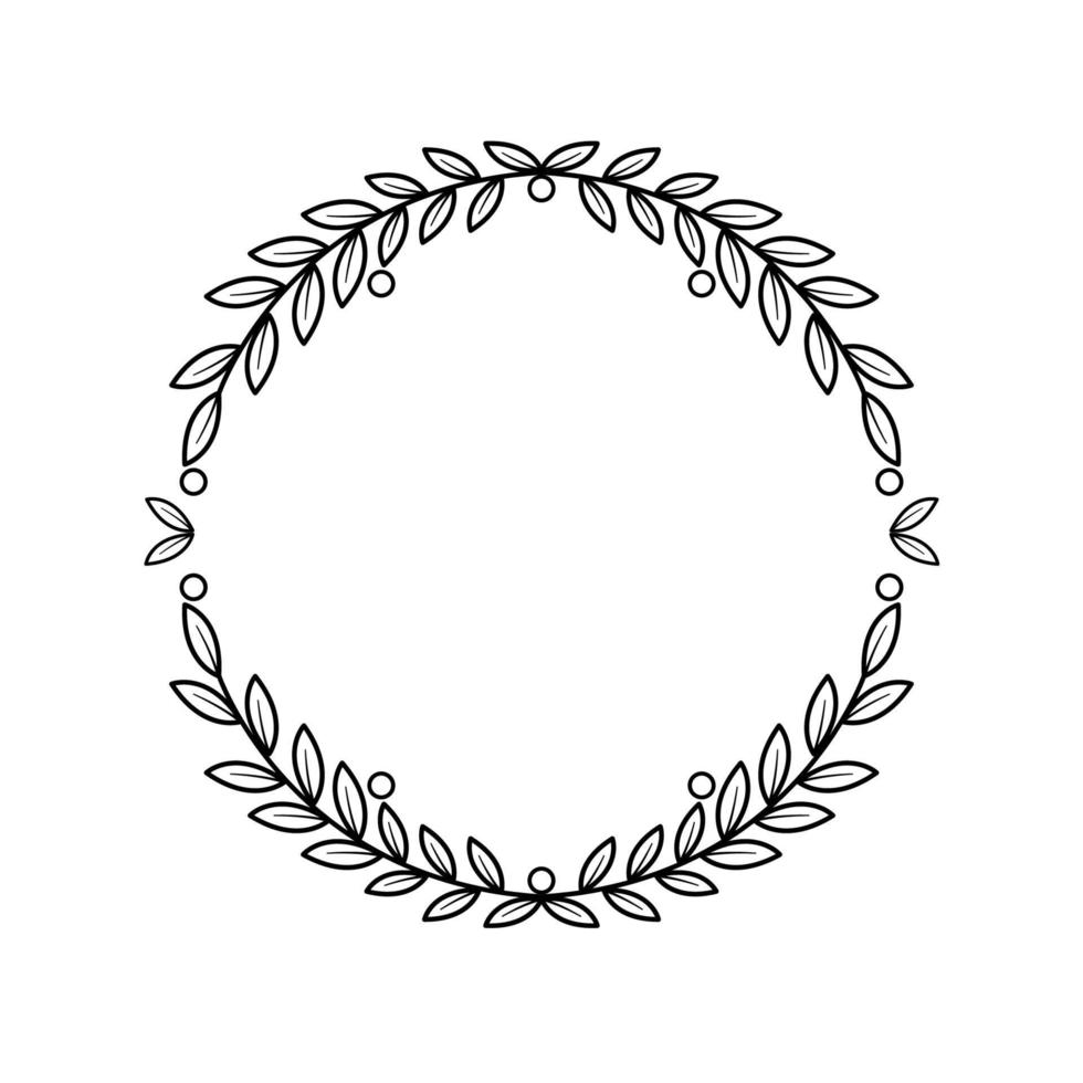 cadre de couronne ronde simple à partir de feuilles et de branches. dessinés à la main pour le cadre de la carte de voeux. vecteur de cadre de couronne de griffonnage mignon décoratif