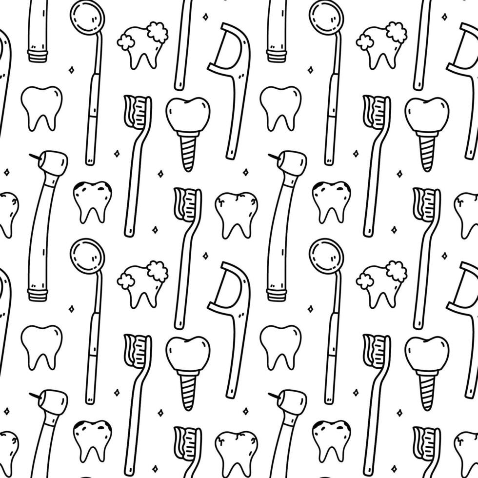 sans couture modèle avec dentaire articles - dentaire soie, brosse à dents, dents, les implants, dentaire percer et miroir. oral hygiène. vecteur dessiné à la main griffonnage illustration. parfait pour imprimer, fond d'écran, décorations.