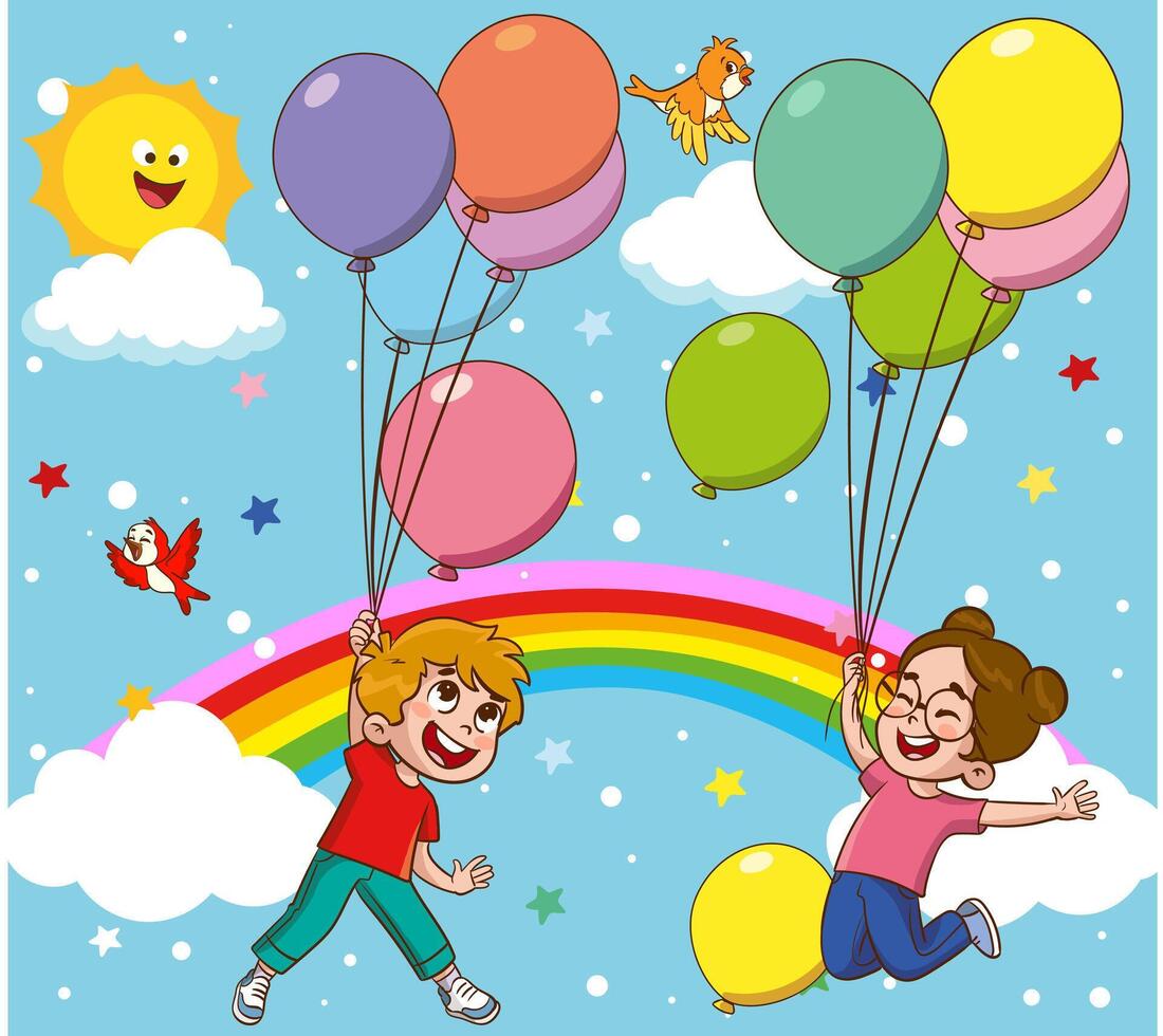 les enfants en volant sur des ballons dans le ciel avec arcs en ciel et des nuages illustration vecteur