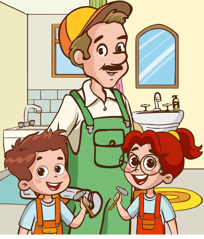 vecteur illustration de une construction ouvrier avec le sien les enfants dans uniforme