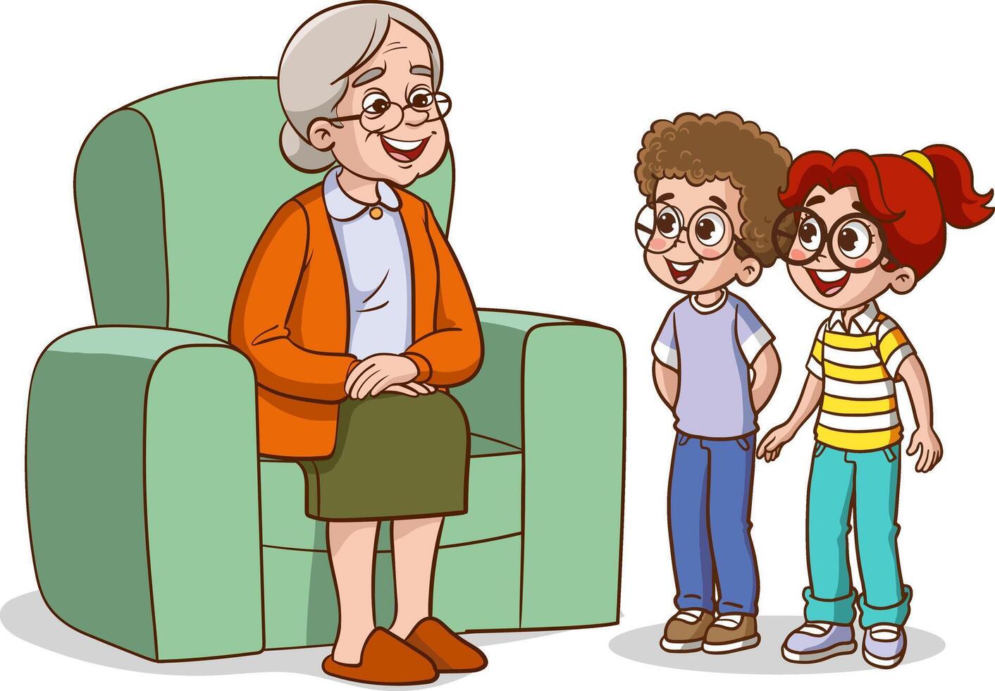 grand-mère et petits enfants séance dans fauteuil. vecteur illustration de grand-mère et petits enfants.