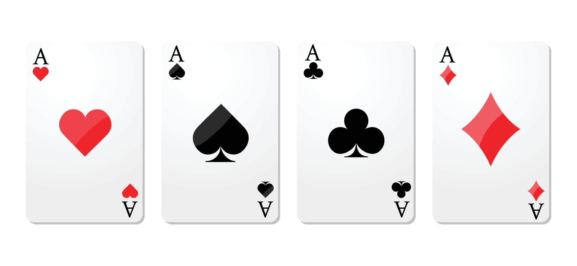 cartes d'as dans une rangée fond blanc, jeux de hasard et symboles sur diverses cartes, club de diamants de coeur et pique. vecteur