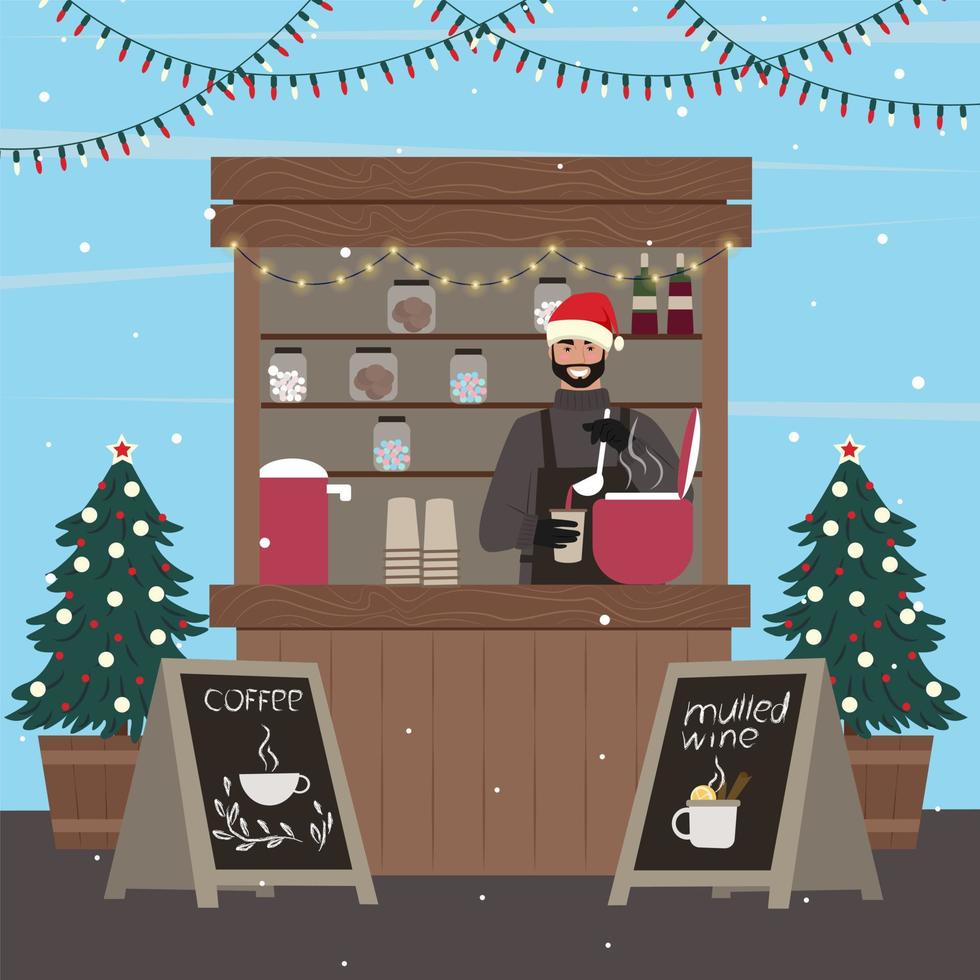 stands de Noël. homme vendant du café et du vin chaud à l'illustration kiosk.vector. vecteur