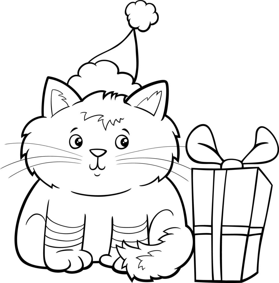chaton de dessin animé sur la page de livre de coloriage de temps de Noël vecteur