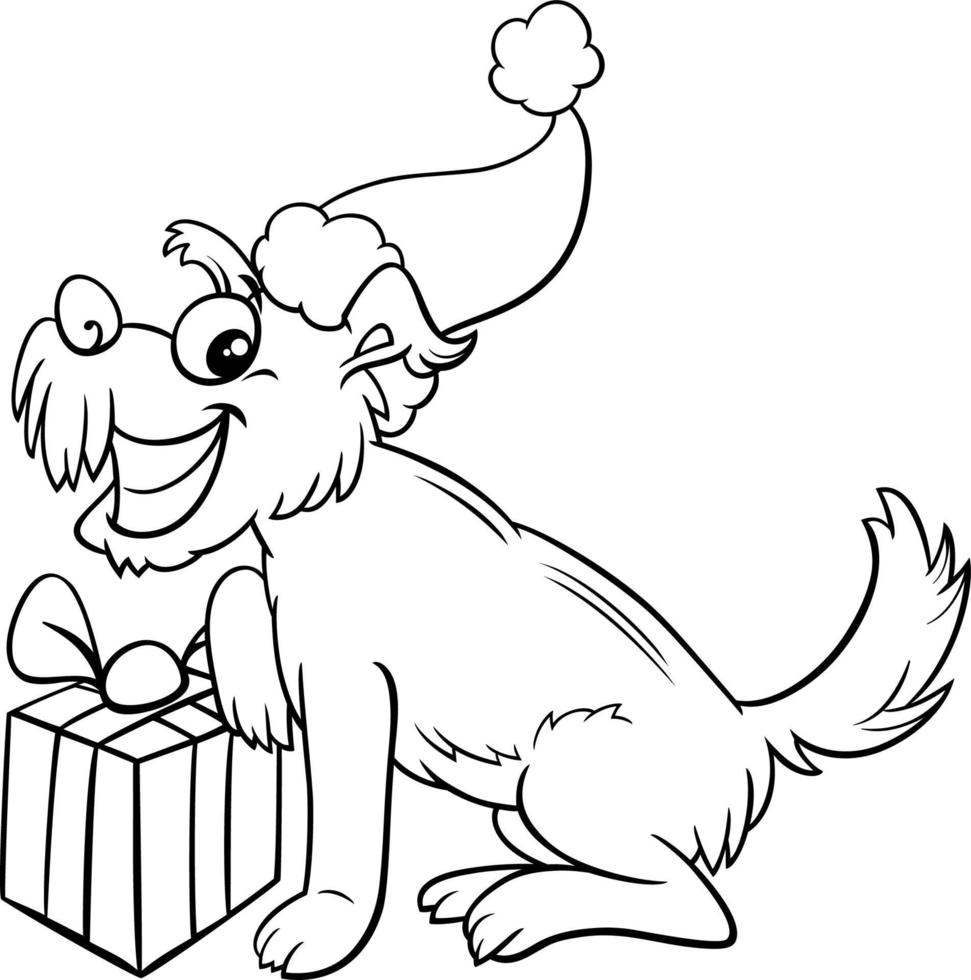 chien heureux avec un cadeau à la page du livre de coloriage de Noël vecteur