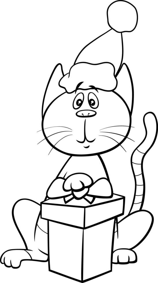 chat de dessin animé avec un cadeau sur la page de livre de coloriage de temps de Noël vecteur