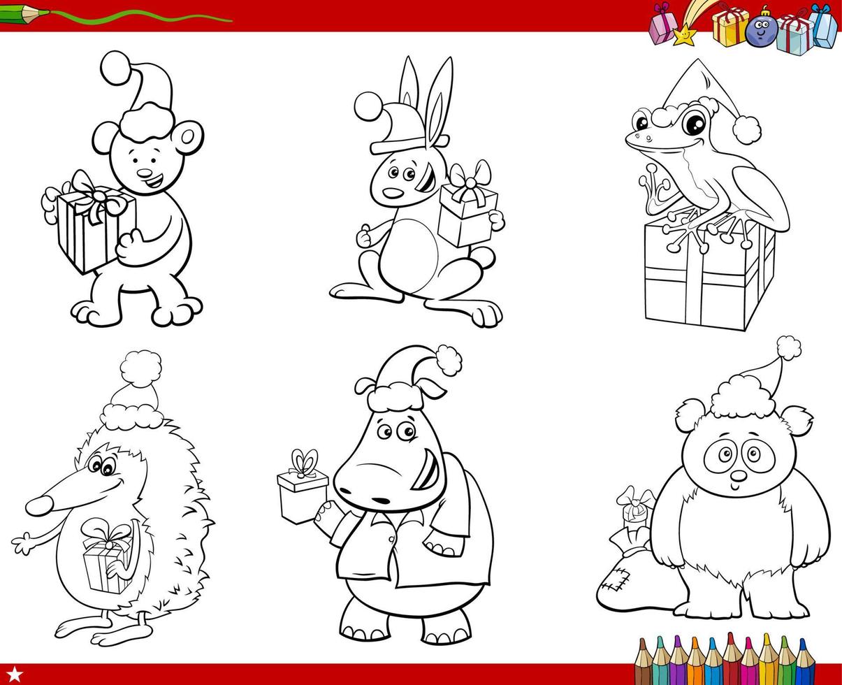 ensemble d'animaux de dessin animé sur la page de livre de coloriage de temps de Noël vecteur