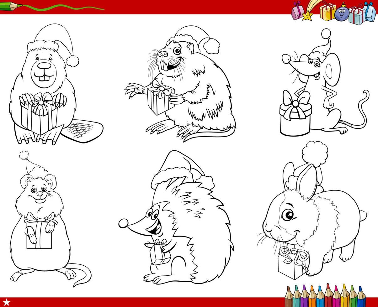 ensemble d'animaux comiques avec des cadeaux de noël page de livre de coloriage vecteur