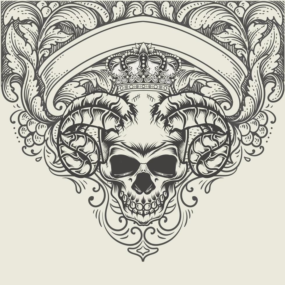 Tête de crâne de démon illustration avec ornement de gravure antique vecteur