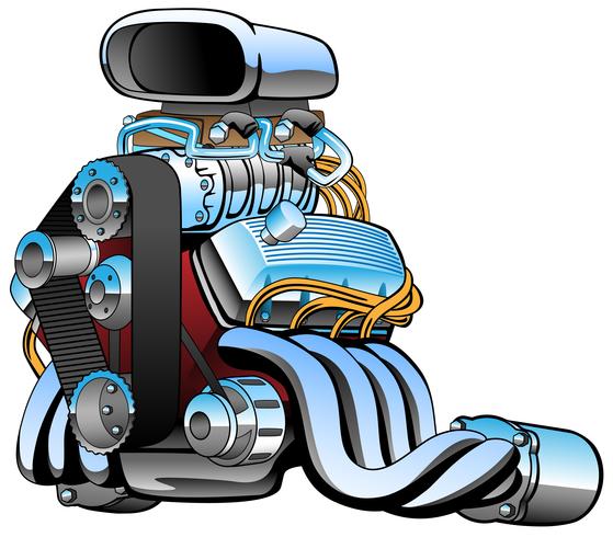 Caricature de moteur de voiture de course hot rod, beaucoup de chrome, illustration vectorielle vecteur