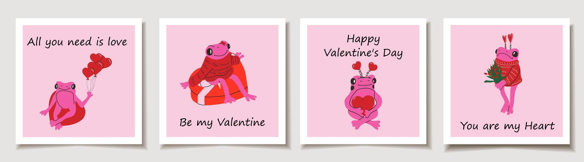 ensemble de la Saint-Valentin journée cartes avec mignonne grenouille avec valentines décorations. aimer, la Saint-Valentin journée vecteur