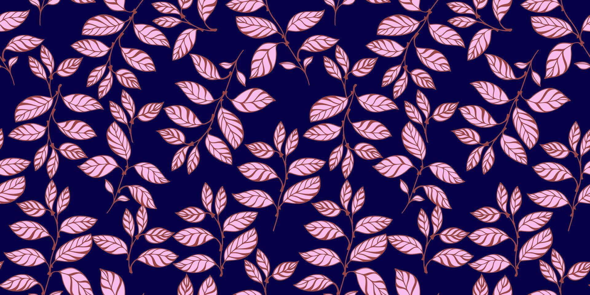 créatif, abstrait, brillant feuilles branches entrelacés dans une sans couture modèle. vecteur tiré illustration forme feuille tiges. stylisé tropical floral sur une foncé bleu Contexte. modèle pour conception