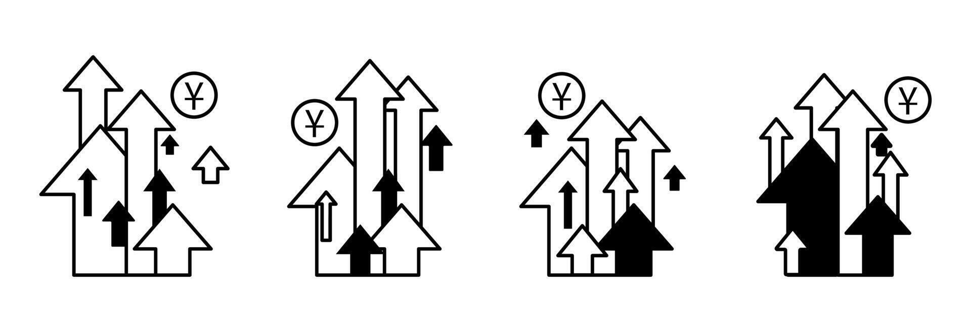 une ensemble de divers en haut flèches. dans vert Couleur et linéaire modes. yuan signe. yen pièce de monnaie vecteur