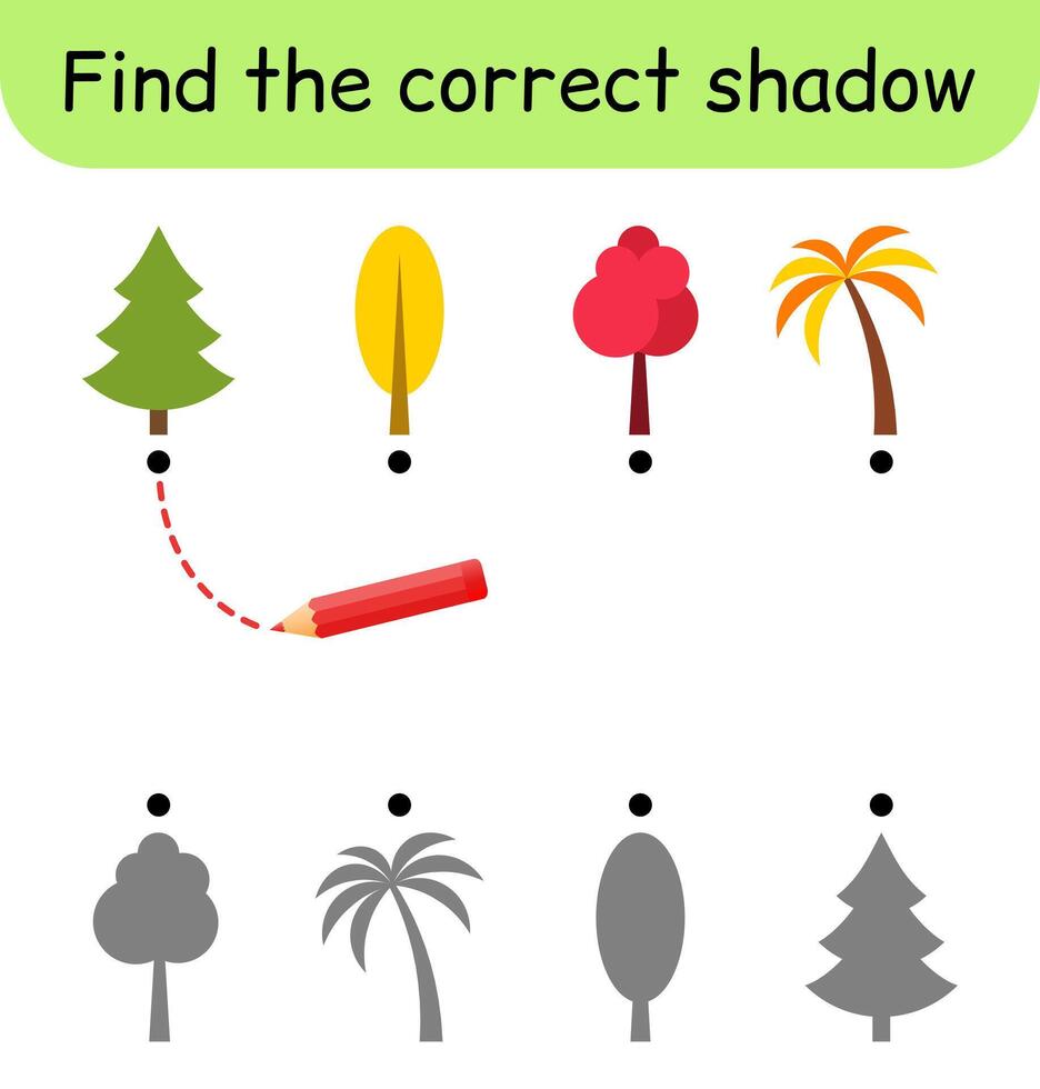 trouver le correct ombre. des gamins jeu. éducatif correspondant à Jeu pour les enfants. arbre thème vecteur