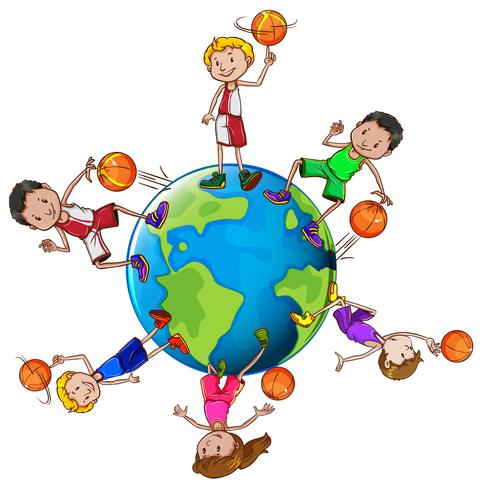 Basketteurs avec ballon autour du monde vecteur