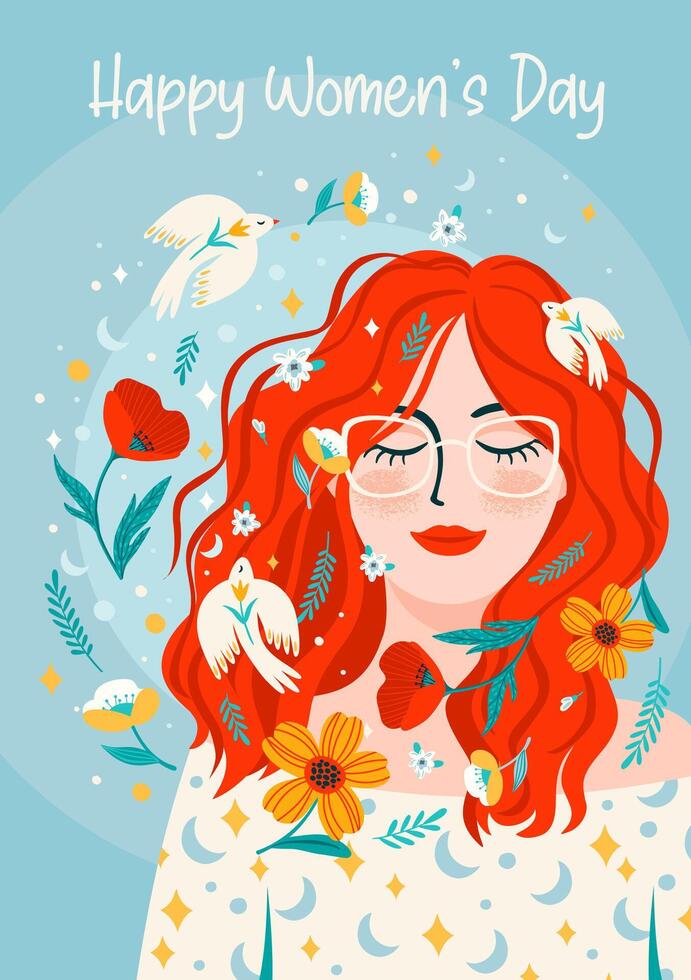 illustration avec femme, fleurs et des oiseaux. vecteur conception concept pour international femmes s journée et autre utilisation