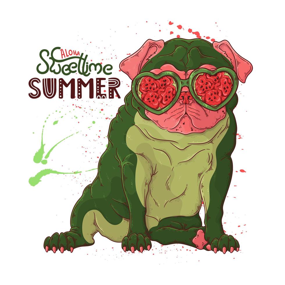 portrait dessiné à la main du chien carlin avec vecteur de lunettes de fruits.