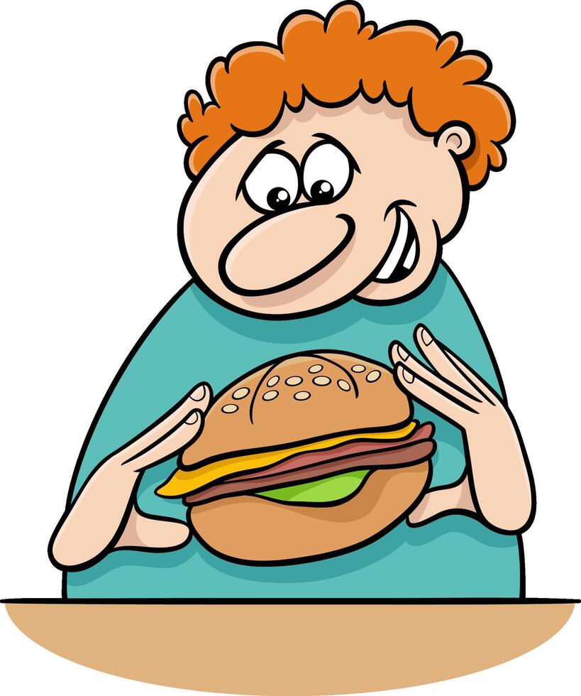 dessin animé homme personnage en mangeant une cheeseburger vecteur