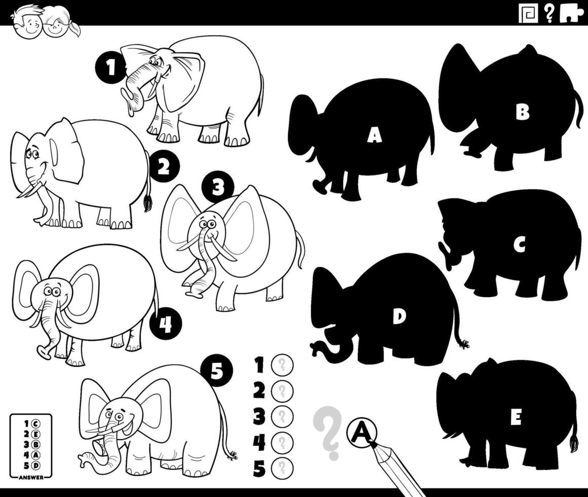 ombres Jeu avec dessin animé éléphants coloration page vecteur