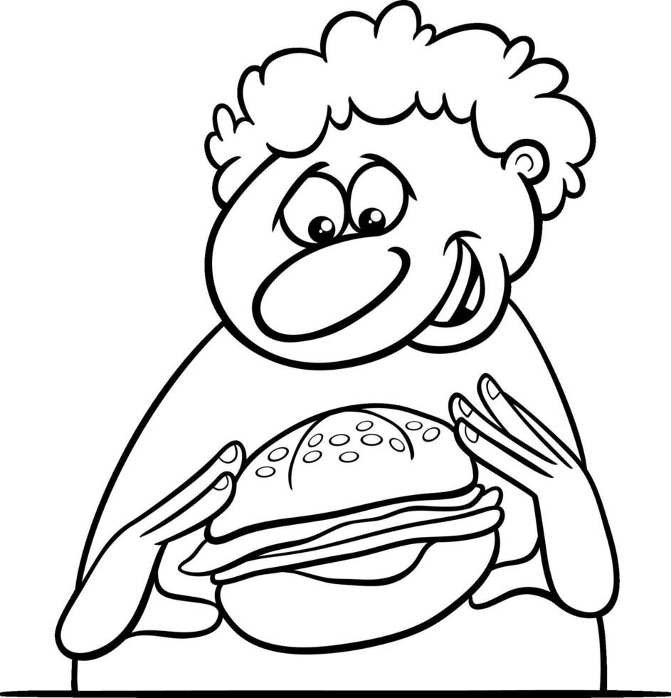 dessin animé homme personnage en mangeant une cheeseburger coloration page vecteur