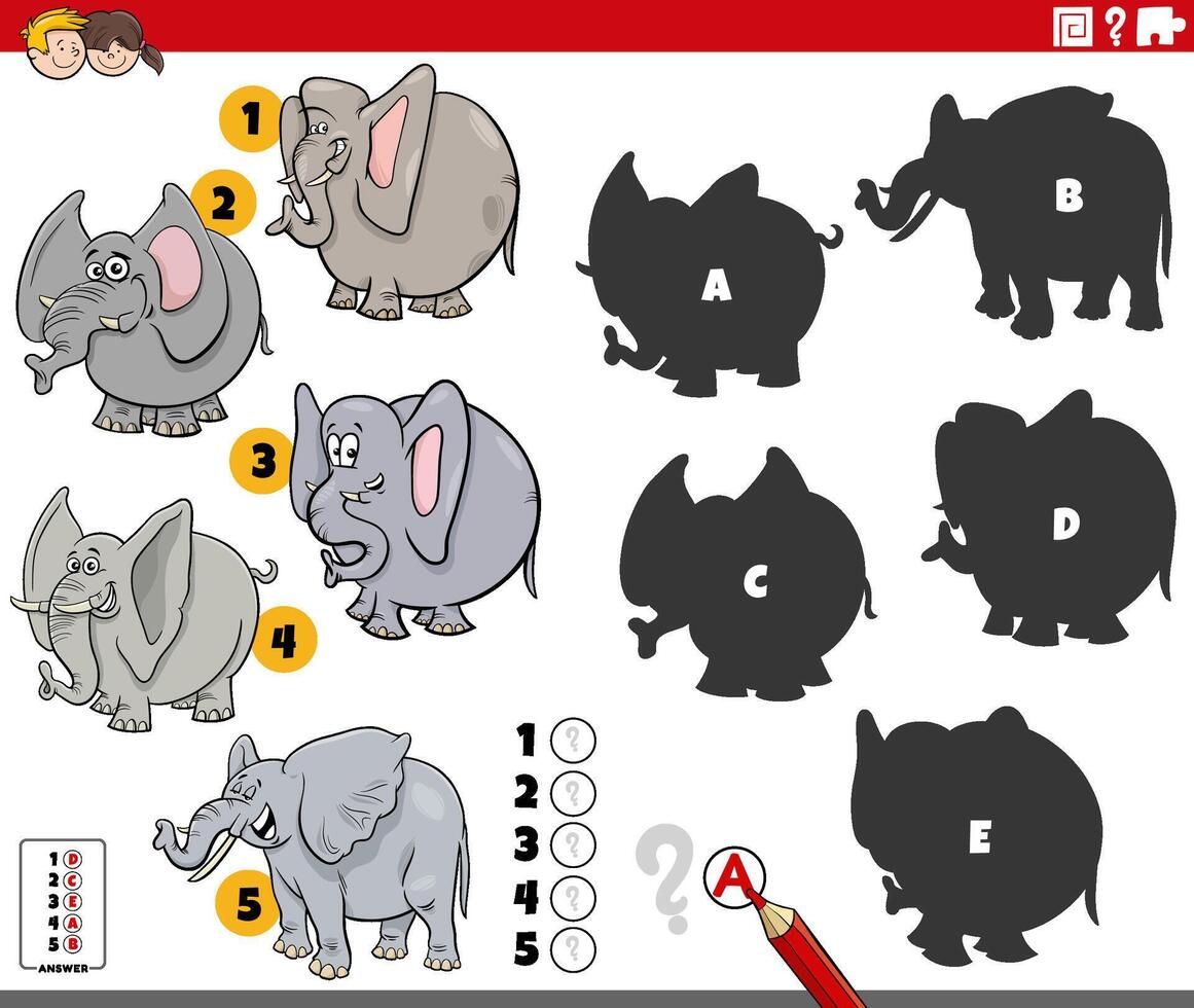 découverte ombres Jeu avec dessin animé éléphants animaux vecteur