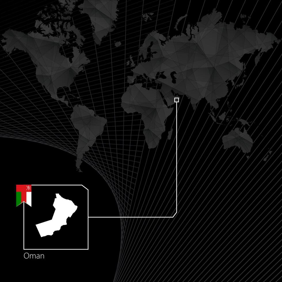 Oman sur noir monde carte. carte et drapeau de Oman. vecteur