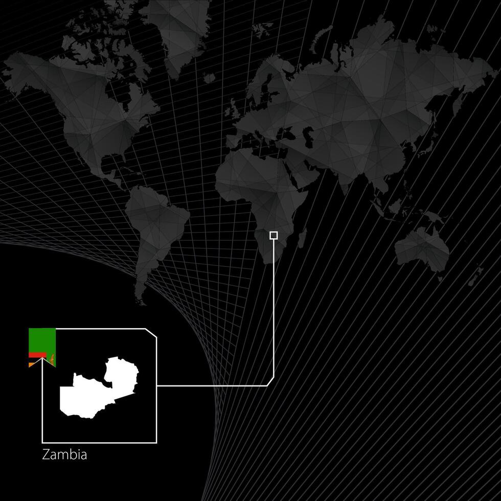 Zambie sur noir monde carte. carte et drapeau de Zambie. vecteur