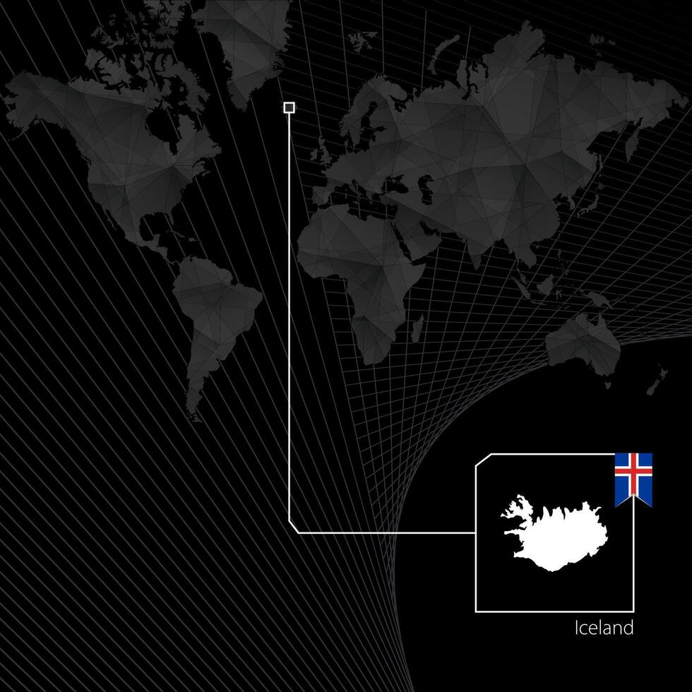 Islande sur noir monde carte. carte et drapeau de Islande. vecteur