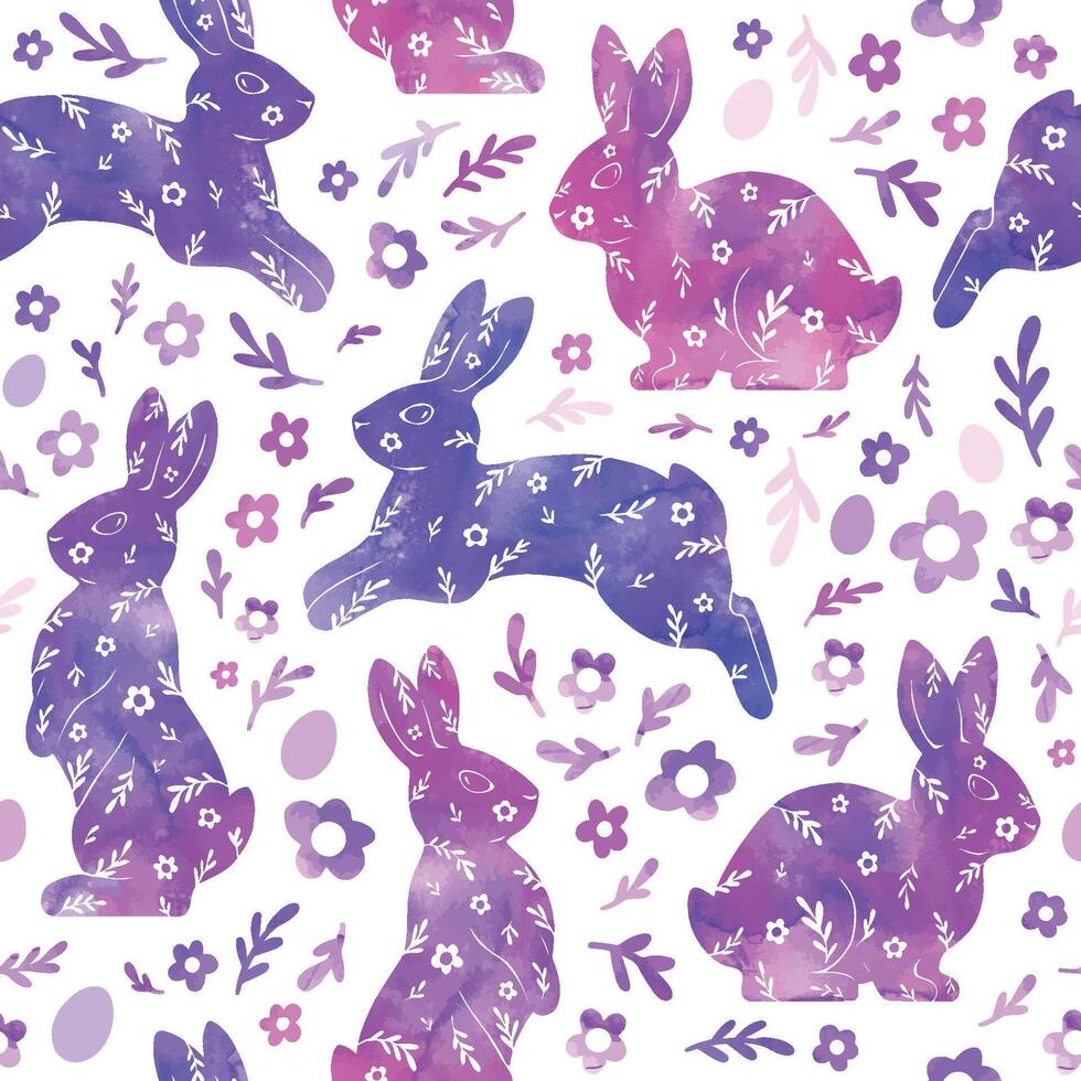 aquarelle dessin de une lapin, fleurs, des œufs. doux magnifique vecteur illustration. violet sans couture modèle pour tissu, emballage papier, et fond d'écran.