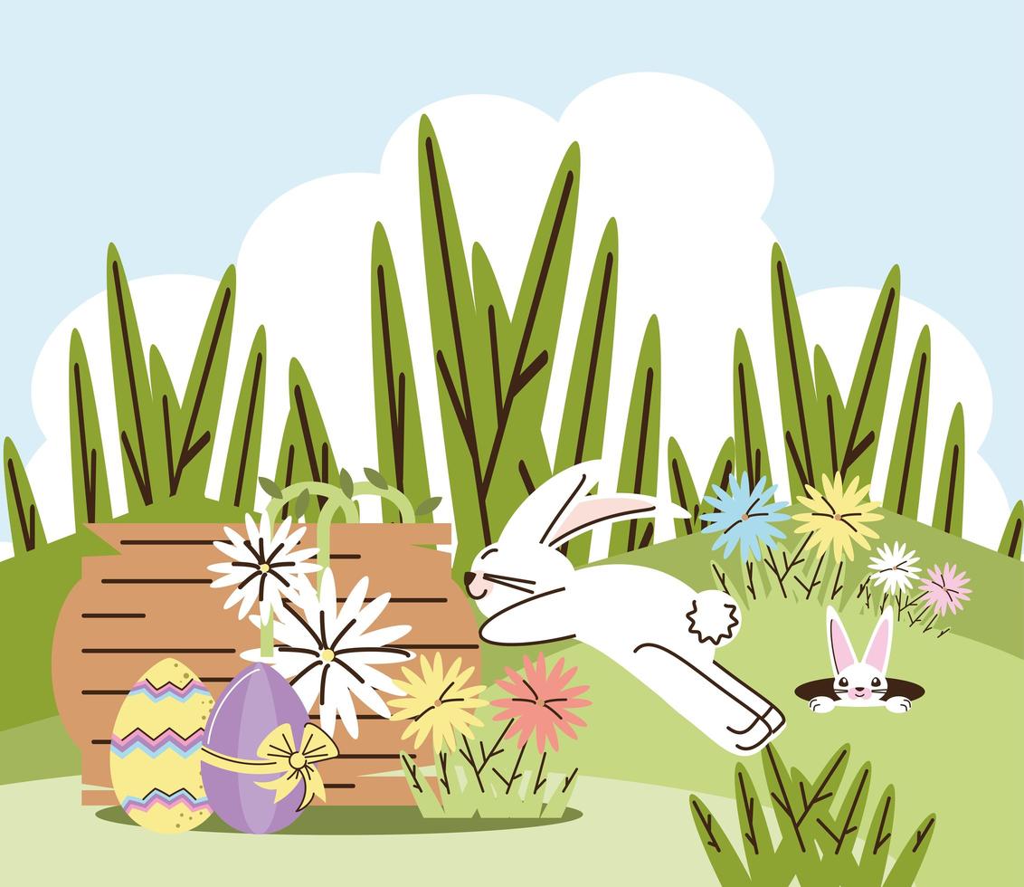 Joyeuses Pâques lapins fleurs et oeufs dans l'herbe vecteur