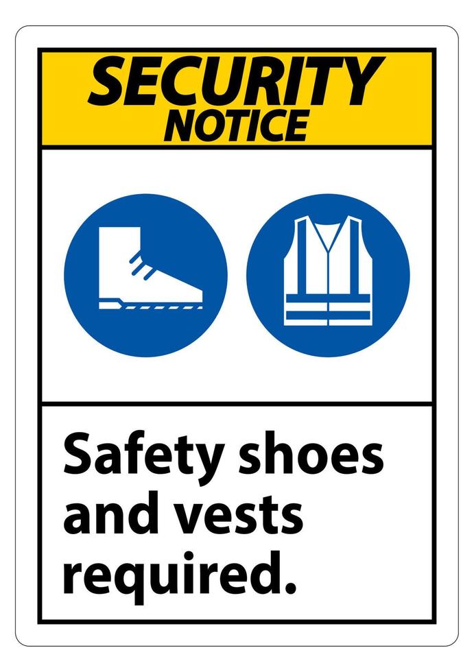 Avis de sécurité signer des chaussures de sécurité et un gilet requis avec des symboles ppe sur fond blanc, illustration vectorielle vecteur