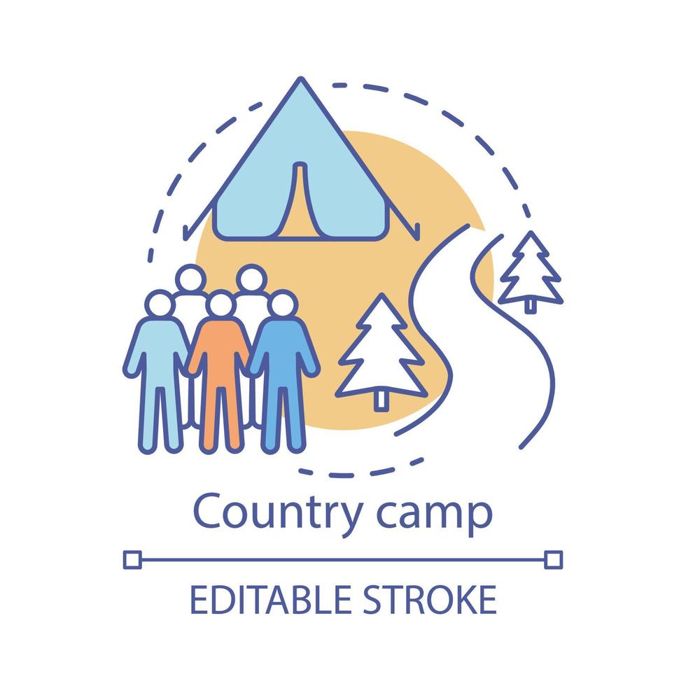 icône de concept de camp de pays. club de randonnée et de camping d'été, illustration de ligne mince d'idée de station de vacances. voyager dans les bois, faire de la randonnée en forêt. dessin de contour isolé de vecteur. trait modifiable vecteur