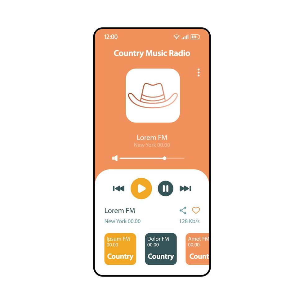 modèle vectoriel d'interface de smartphone radio country music. disposition de conception rétro de page d'application mobile. écran d'écoute de la liste de lecture des chansons occidentales. interface utilisateur plate pour l'application. lecteur de musique de cow-boy. affichage du téléphone