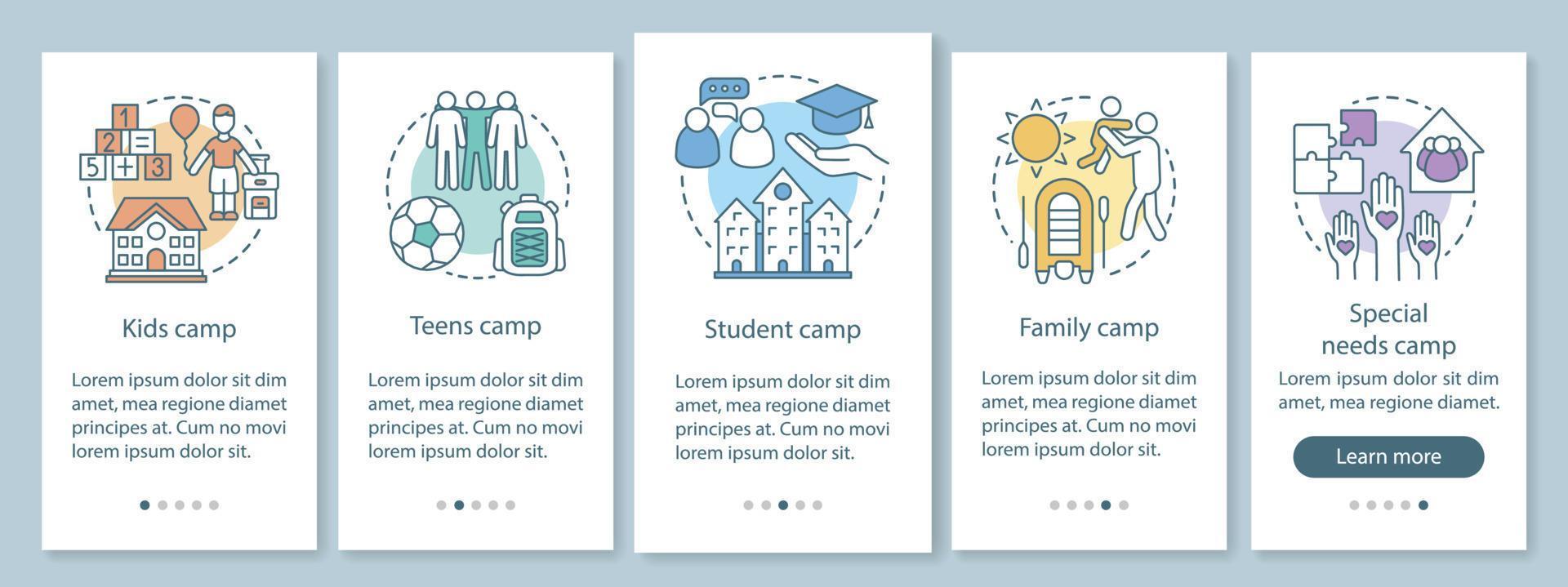 camps d'enfants à bord de l'écran de la page de l'application mobile avec des concepts linéaires. instructions graphiques étape par étape pour les enfants et les vacances en famille. modèle vectoriel ux, ui, gui avec illustrations