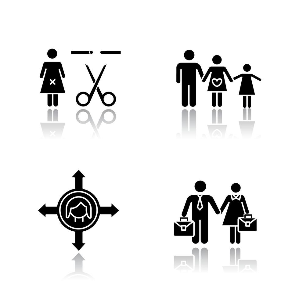 Ensemble d'icônes de glyphe noir d'ombre portée de l'égalité des sexes. stérilisation forcée. liberté de mouvement de la femme. l'égalité des droits en matière d'emploi pour la femme et l'homme. planification familiale. illustrations vectorielles isolées vecteur
