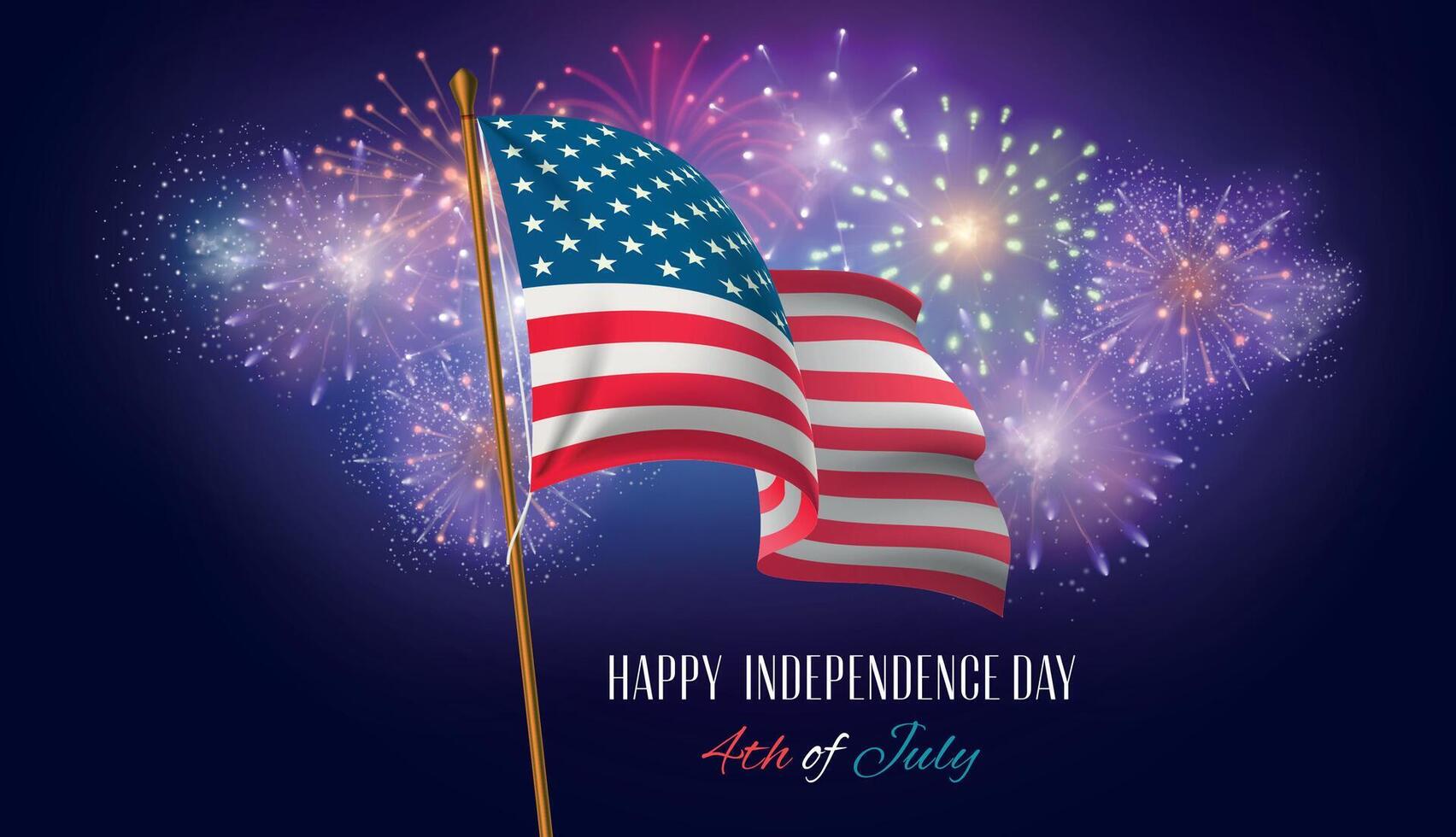 Etats-Unis indépendance journée affiche avec américain drapeau et feux d'artifice. nuit ciel avec feu d'artifice. 4e de juillet patriotique vacances fête vecteur carte