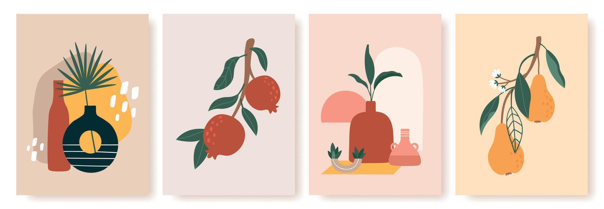 vase et fruit imprimer. encore la vie avec céramique et des fruits des poires, grenades sur branche avec feuilles. moderne scandinave affiches vecteur ensemble