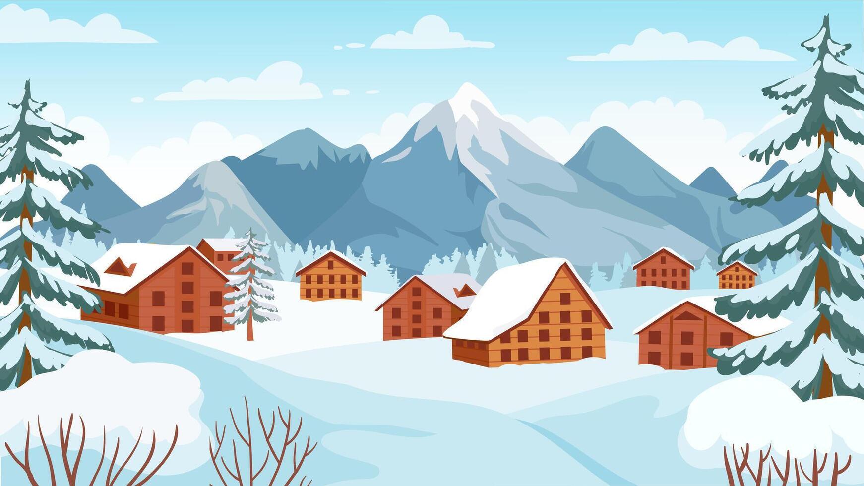 hiver Montagne avec chalets. Maisons dans neigeux alpin pics pour l'hiver vacances vacances. dessin animé paysage de ski recours vecteur concept