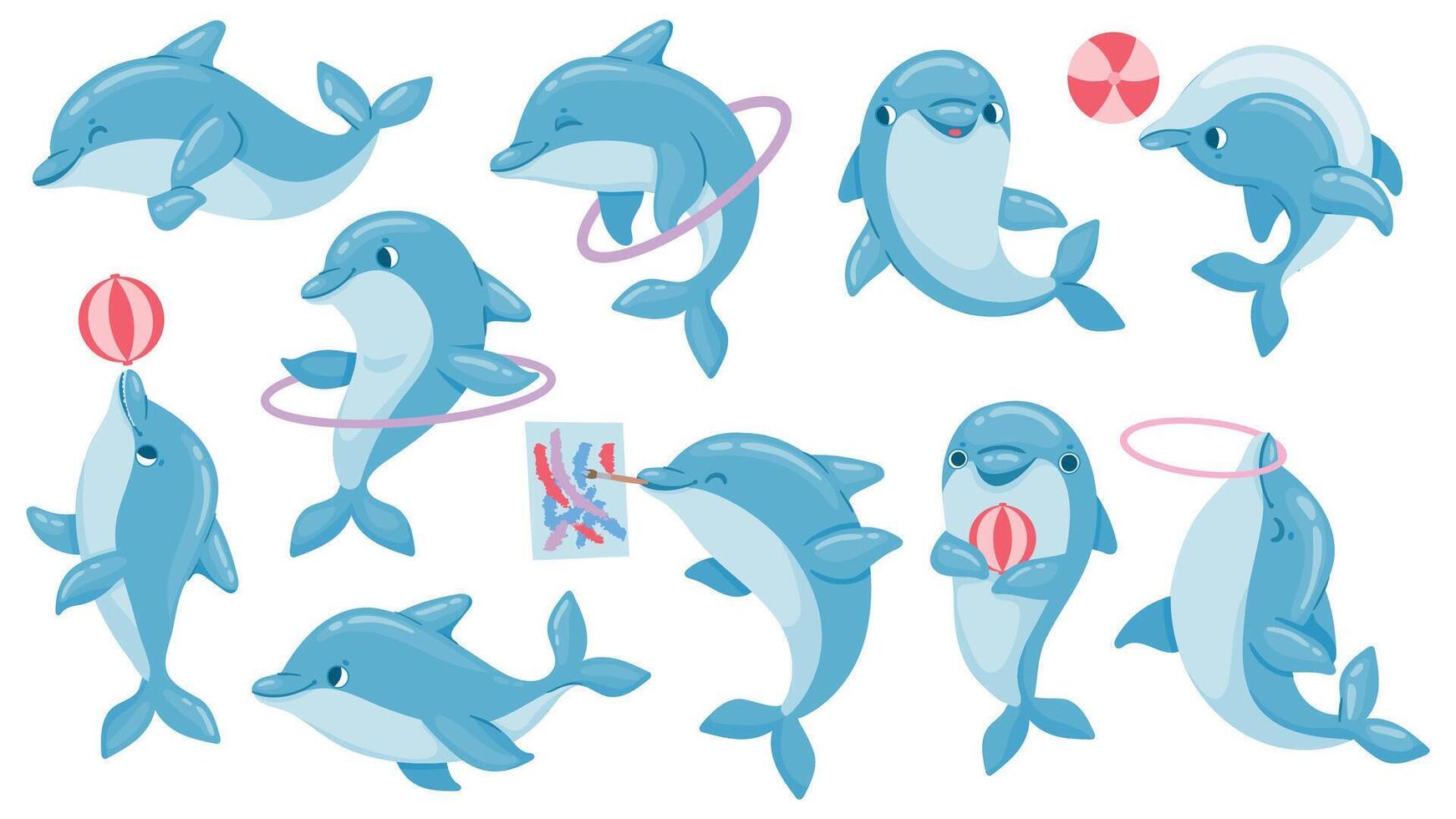 dauphins avec des balles. mignonne dessin animé bleu dauphin personnage jouer, sauter par cerceau et dessiner. Marin animal delphinarium performance vecteur ensemble